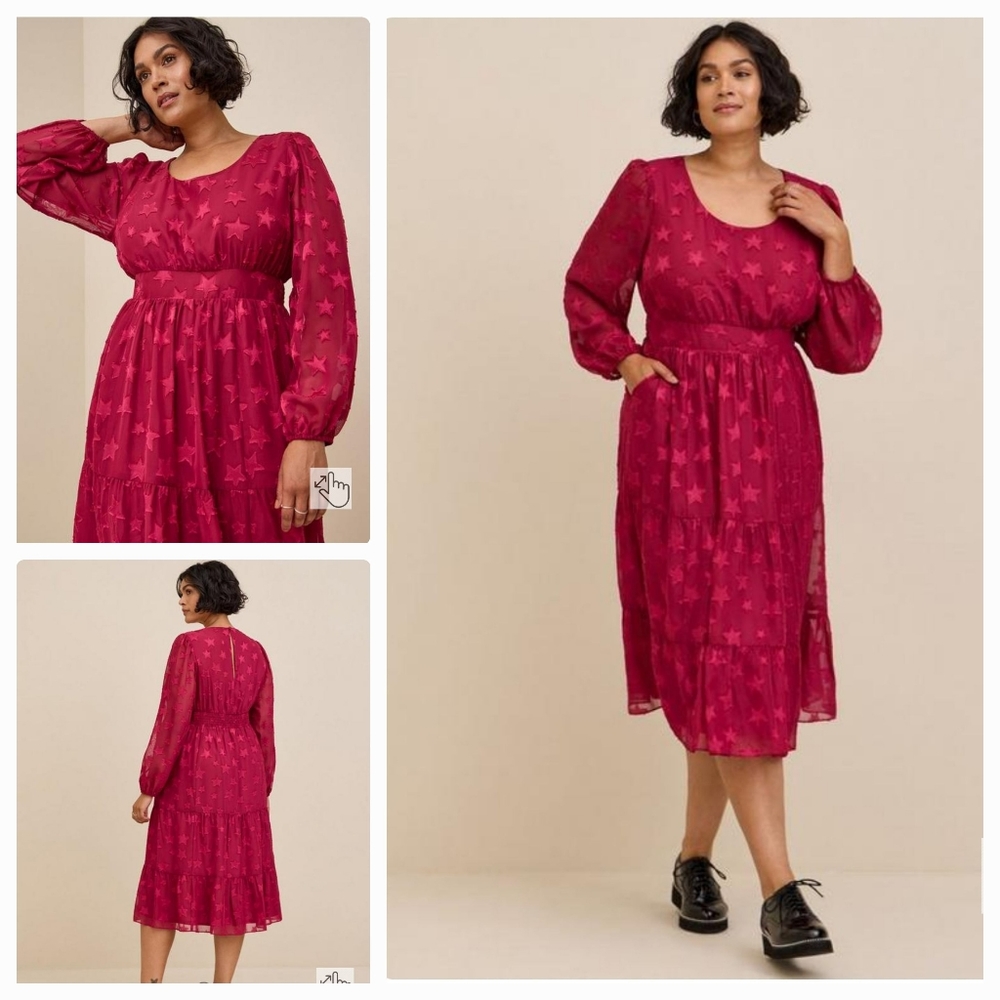 NWT Torrid Midi Clip Dot Chiffon Tiered Dress Burgundy Stars Size 1x 14/16